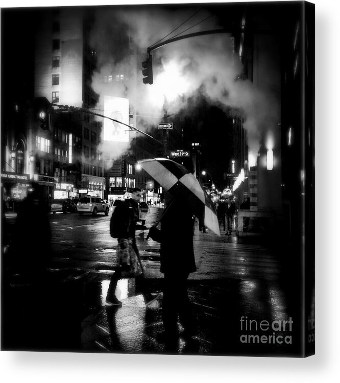 Street Photography Acrylic Print featuring the photograph A Foggy Night in New York Town - Checkered Umbrella by Miriam Danar