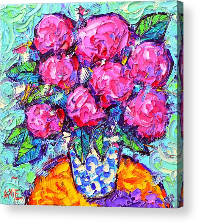 Hydrangea Acrylic Print featuring the painting ABSTRACT PINK HYDRANGEAS modern textural impressionist impasto knife oil painting Ana Maria Edulescu by Ana Maria Edulescu