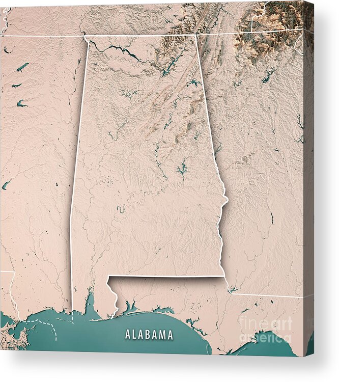 Alabama Acrylic Print featuring the digital art Alabama State USA 3D Render Topographic Map Neutral Border by Frank Ramspott