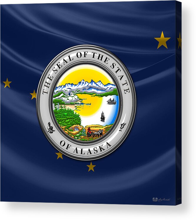 'state Heraldry' Collection By Serge Averbukh Acrylic Print featuring the digital art Alaska State Seal over Flag by Serge Averbukh
