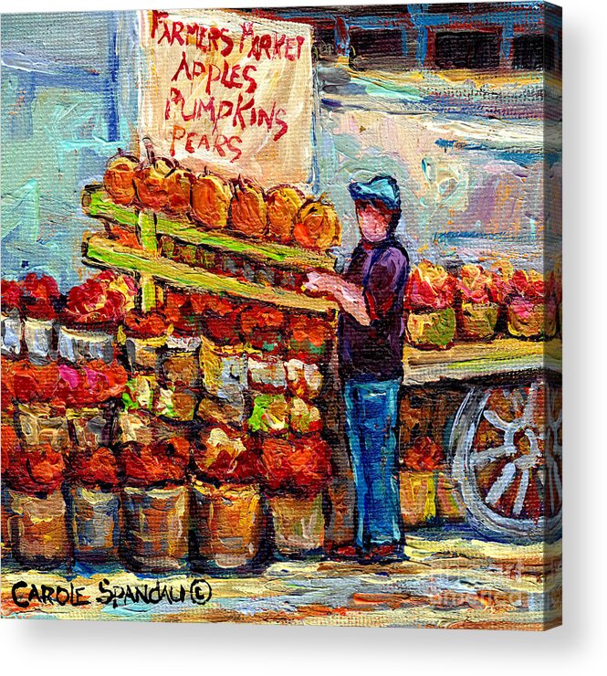 Markets Acrylic Print featuring the painting Apple Picking Time At Farmer's Fruit Stand Market Scene Canadian Paintings C Spandau Artist     by Carole Spandau