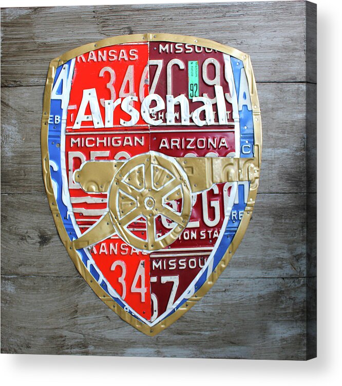 Arsenal Acrylic Print featuring the mixed media Arsenal Football Team Emblem Recycled Vintage Colorful License Plate Art by Design Turnpike