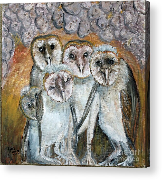 Animals Acrylic Print featuring the painting Barn Owl Chicks In Cave by Lyric Lucas