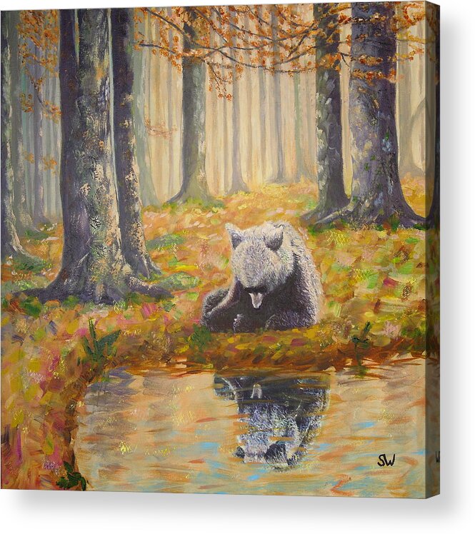 Art Acrylic Print featuring the painting Bear reflecting by Shirley Wellstead