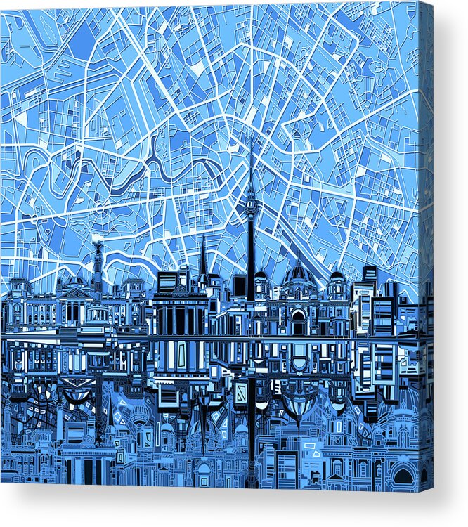 Berlin Acrylic Print featuring the digital art Berlin City Skyline Abstract Blue by Bekim M