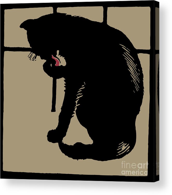  Black Acrylic Print featuring the drawing Black cat modern woodcut style by Heidi De Leeuw