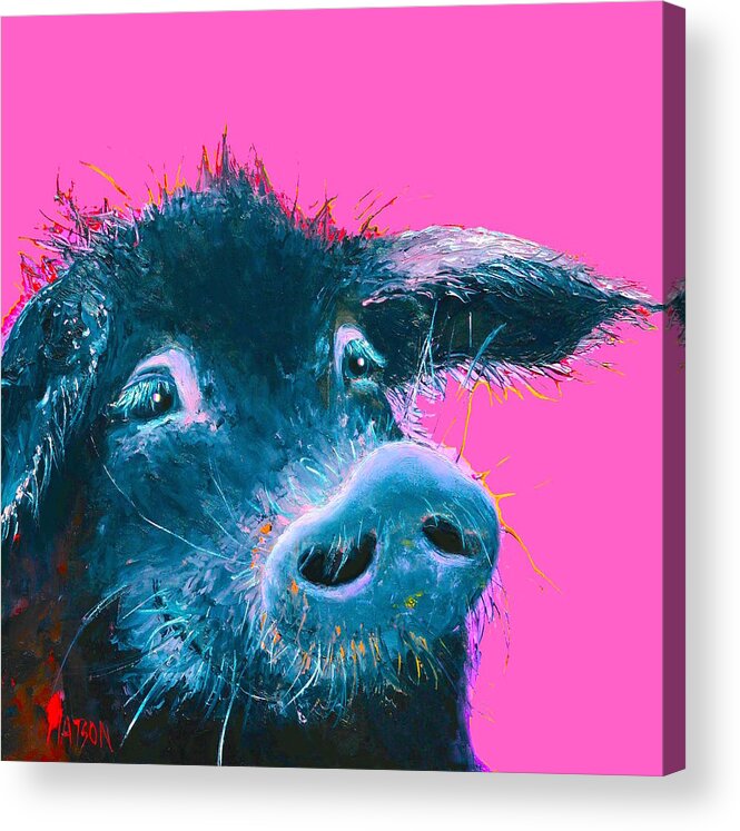 Pig Acrylic Print featuring the painting Black Pig painting on pink background by Jan Matson