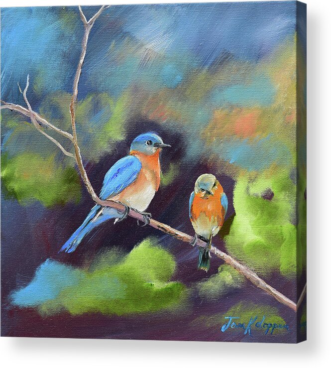 Blue Birds Acrylic Print featuring the painting Blue Birds - Soul mates by Jan Dappen