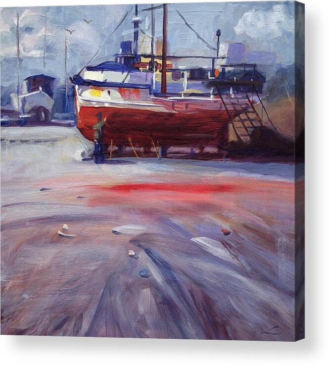 Boat Acrylic Print featuring the painting Boat reparing by Elena Sokolova