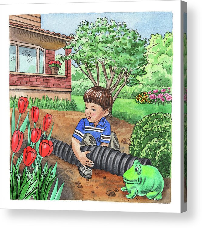 Boy Acrylic Print featuring the painting Boy In The Garden Helping Parents by Irina Sztukowski