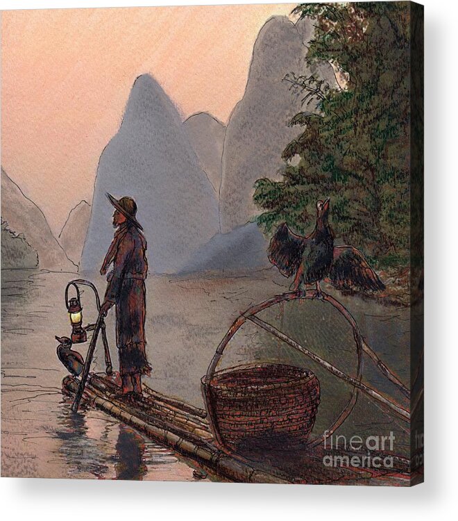 China Acrylic Print featuring the painting Li River Night Fisherman by Randy Sprout