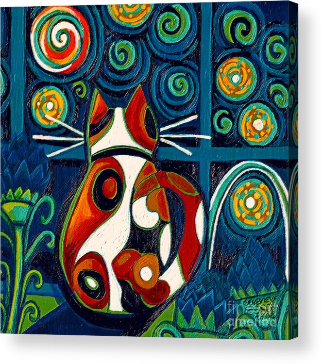 Cat Acrylic Print featuring the painting Calico Cat At Window On A Starry Night by Genevieve Esson