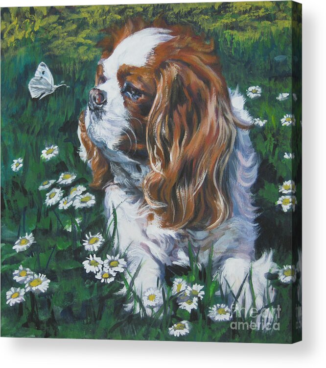 Cavalier King Charles Spaniel Acrylic Print featuring the painting Cavalier King Charles Spaniel with butterfly by Lee Ann Shepard