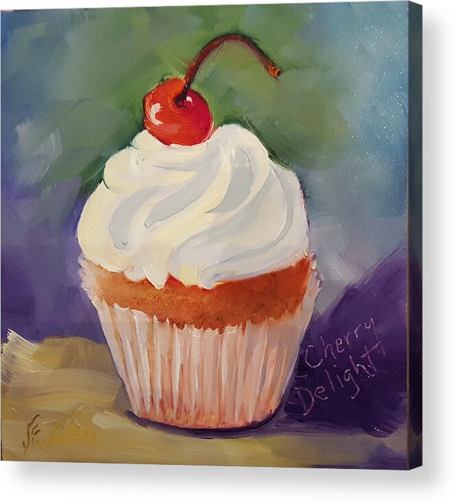 Cherry Delight Cupcake Acrylic Print featuring the painting Cherry Delight Cupcake by Judy Fischer Walton