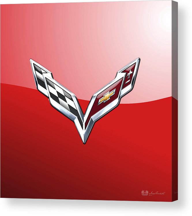 'wheels Of Fortune' Collection By Serge Averbukh Acrylic Print featuring the photograph Chevrolet Corvette - 3d Badge On Red by Serge Averbukh