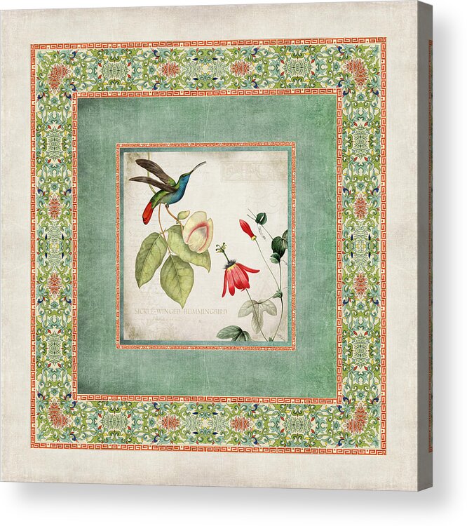 Chinese Ornamental Paper Acrylic Print featuring the digital art Chinoiserie Vintage Hummingbirds n Flowers 2 by Audrey Jeanne Roberts