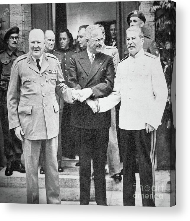 Potsdam Acrylic Print featuring the photograph Churchill, Truman and Stalin at the Potsdam Conference, July 1945 by English School
