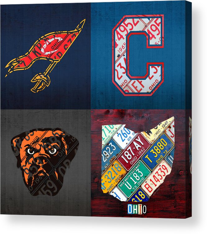 Cleveland Acrylic Print featuring the mixed media Cleveland Sports Fan Recycled Vintage Ohio License Plate Art Cavaliers Indians Browns and State Map by Design Turnpike
