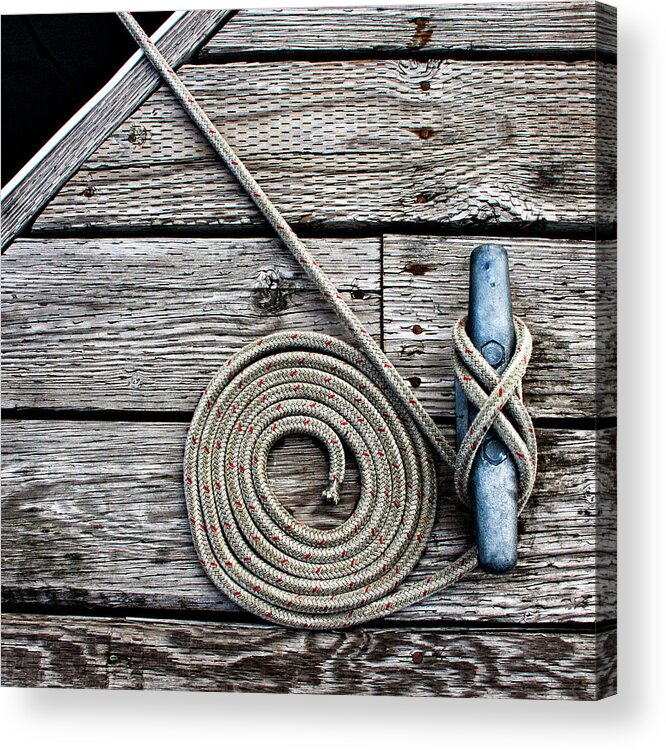 Mooring Acrylic Print featuring the photograph Coiled Mooring Line and Cleat Square Version by Carol Leigh