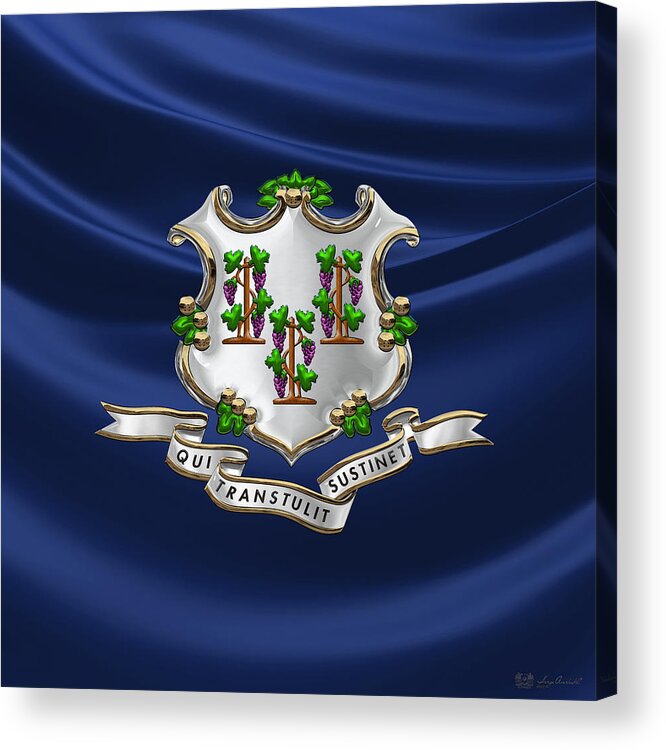 'state Heraldry' Collection By Serge Averbukh Acrylic Print featuring the digital art Connecticut Coat of Arms over Flag by Serge Averbukh