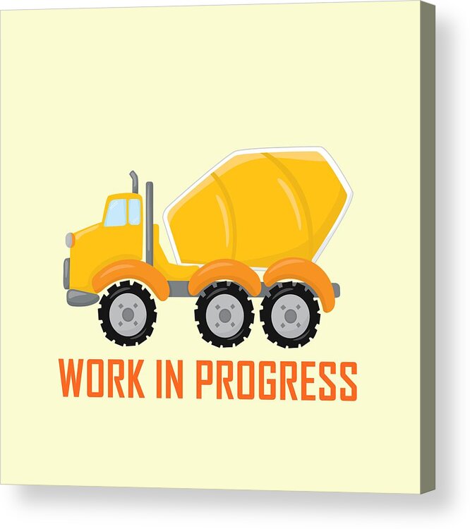Concrete Acrylic Print featuring the digital art Construction Zone - Concrete Truck Work In Progress Gifts - Yellow Background by KayeCee Spain