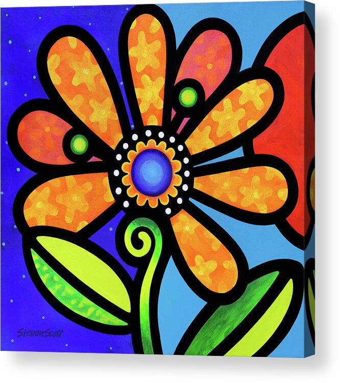 Daisy Acrylic Print featuring the painting Cosmic Daisy in Yellow by Steven Scott