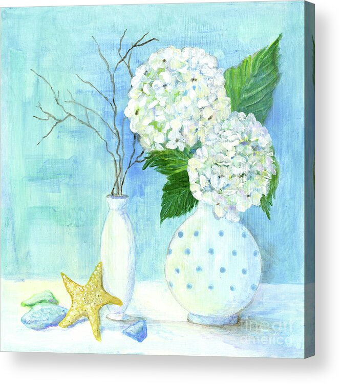 White Hydrangeas Acrylic Print featuring the painting Cottage at the Shore 2 White Hydrangea Bouquet w Sea Glass and Starfish by Audrey Jeanne Roberts