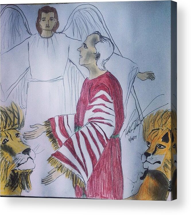 Daniel Acrylic Print featuring the drawing Daniel and Lion's Den by Love Art Wonders By God