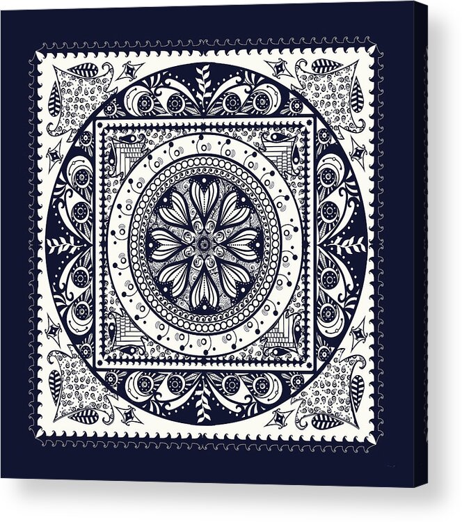 Blue Acrylic Print featuring the drawing Deep Blue Classic Mandala by Deborah Smith