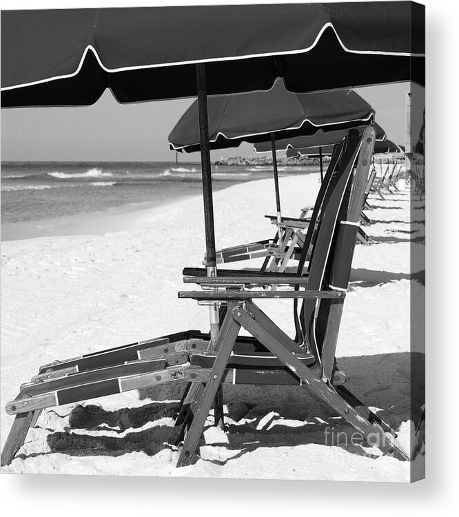 Destin Acrylic Print featuring the photograph Destin Florida Beach Chairs and Umbrellas Square Format Black and White by Shawn O'Brien