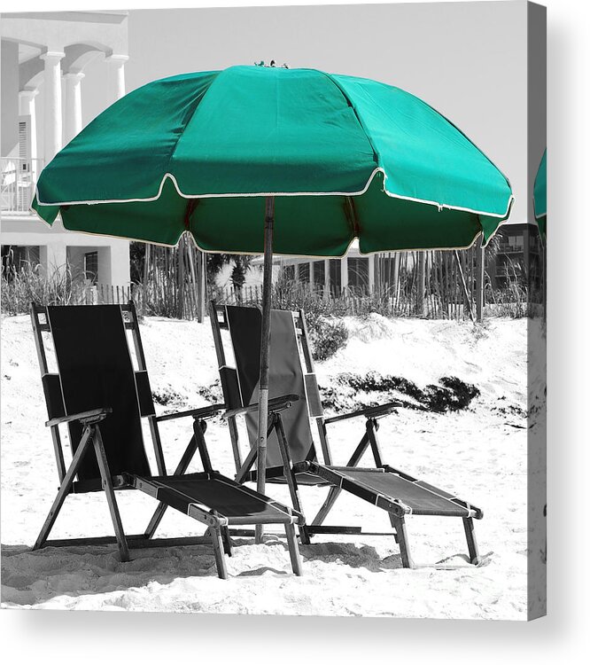 Destin Acrylic Print featuring the photograph Destin Florida Empty Beach Chair Pair and Green Umbrella Square Format Color Splash Digital Art by Shawn O'Brien