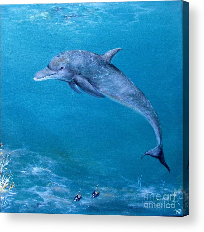Dolphins Swimming Acrylic Print featuring the painting Dolphin trip-tic #3 by John Tyson