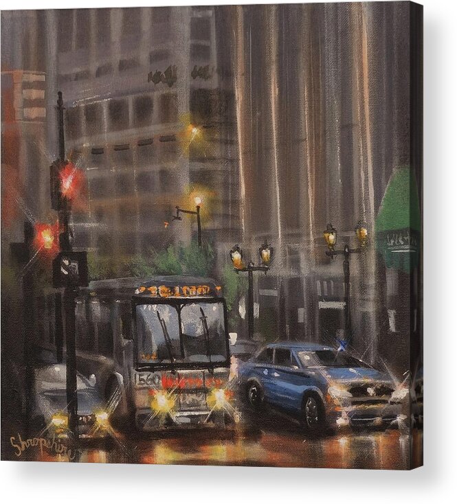 Milwaukee Acrylic Print featuring the painting Downtown Bus by Tom Shropshire