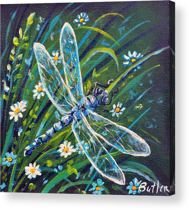 Nature Insect Dragonfly Daisies Green Blue Acrylic Print featuring the painting Dragonfly and Daisies by Gail Butler