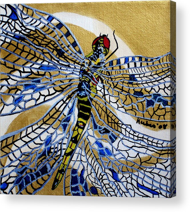 Dragonfly Acrylic Print featuring the painting Dragonfly on Gold Scarf by Susan Kubes