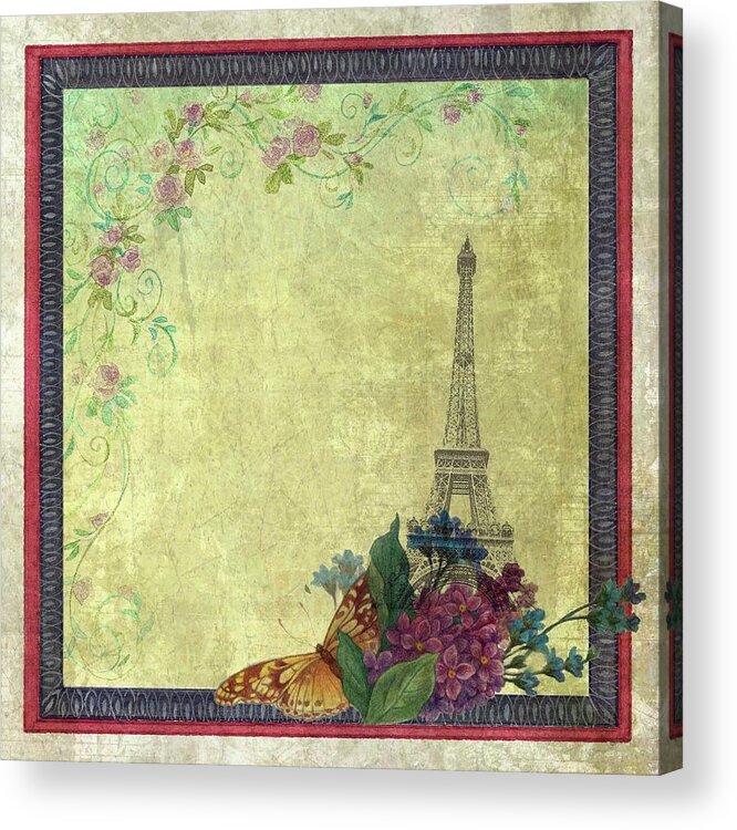 Eiffel Tower Acrylic Print featuring the painting Eiffel Tower Faded Floral with Swirls by Judith Cheng