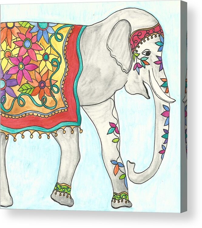 Elephant Acrylic Print featuring the painting Eshma, meaning lucky in English by Monica Martin