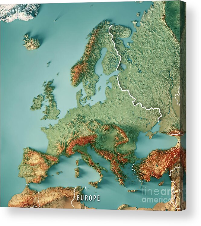 Europe Acrylic Print featuring the digital art Europe 3D Render Topographic Map Color Border by Frank Ramspott