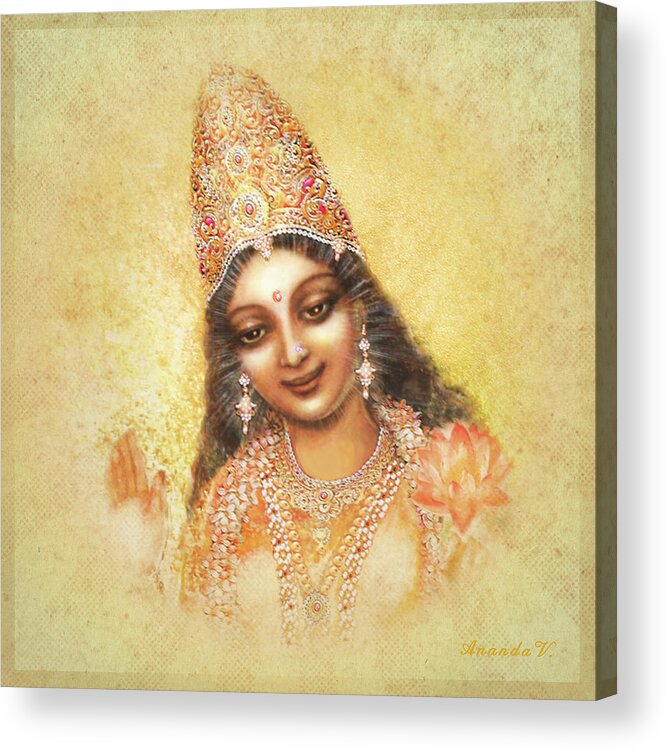 Goddess Painting Acrylic Print featuring the mixed media Face of the Goddess - Lalitha Devi - without frame by Ananda Vdovic