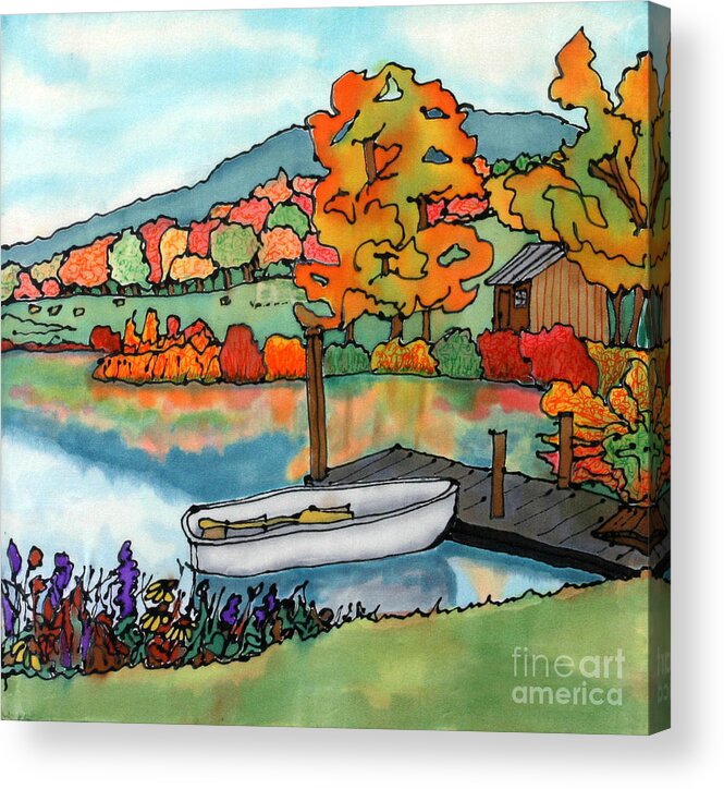 Boat Acrylic Print featuring the painting Fall Boat and Dock by Linda Marcille