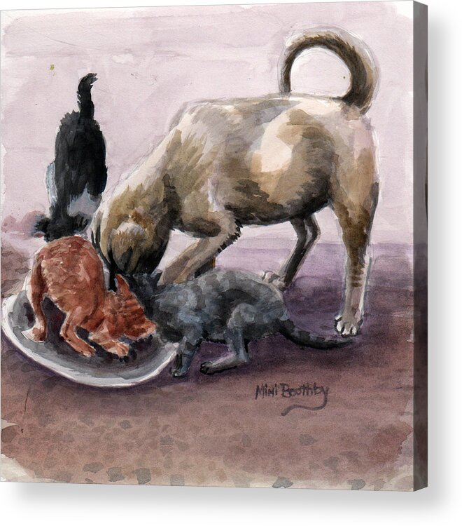 Puppy And Kittens Acrylic Print featuring the painting Feeding Time by Mimi Boothby