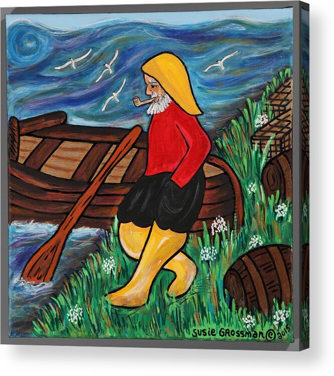 Fisherman Acrylic Print featuring the painting Fisherman Waiting For Fishing Net Repair by Susie Grossman