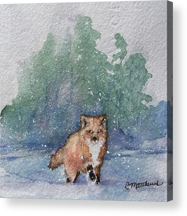 Christmas Cards By Rebecca Matthews Acrylic Print featuring the painting Fox in snow by Rebecca Matthews