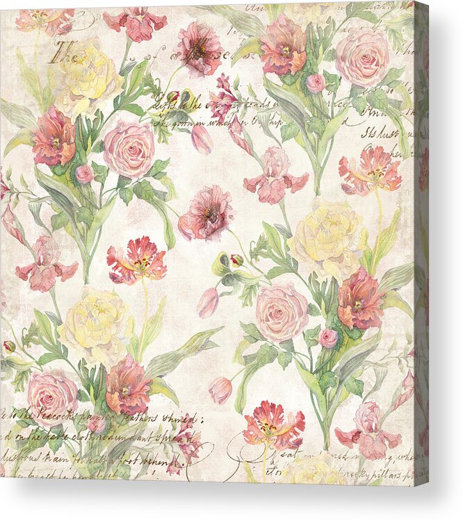 Peony Acrylic Print featuring the painting Fleurs de Pivoine - Watercolor in a French Vintage Wallpaper Style by Audrey Jeanne Roberts