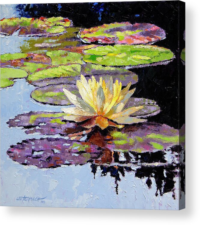 Golden Water Lily Acrylic Print featuring the painting Floating Gold by John Lautermilch