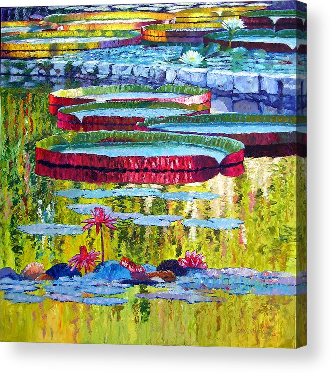 Lily Pond Acrylic Print featuring the painting Floating Parallel Universes by John Lautermilch