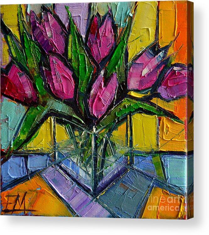 Floral Miniature Acrylic Print featuring the painting Floral Miniature - Abstract 0615 - Pink Tulips by Mona Edulesco