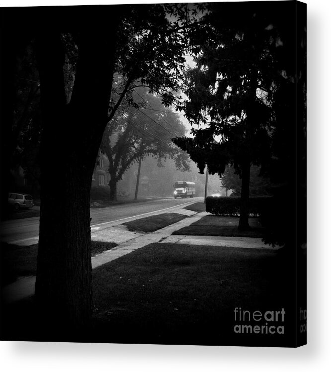 Frank J Casella Acrylic Print featuring the photograph Foggy Morning Bus Ride - Black and White by Frank J Casella