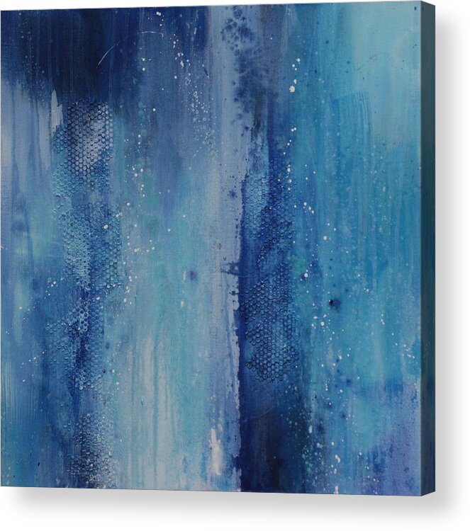 Mixed Media Abstract Textured Contemporary Acrylic Painting On Canvas In Blues Acrylic Print featuring the painting Freezing Rain #2 by Lauren Petit