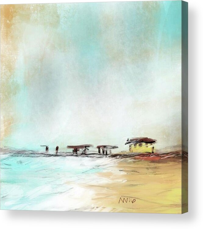 Beach Acrylic Print featuring the digital art Frisco Pier by AnneMarie Welsh